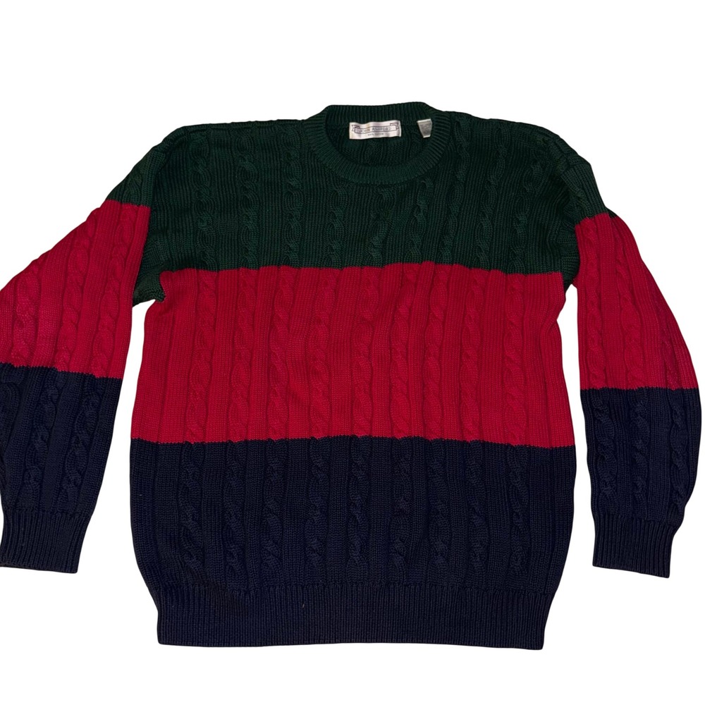 John Ashford‎ Men's Colorblock Cable Knit Sweater Navy Preppy Cotton Size L